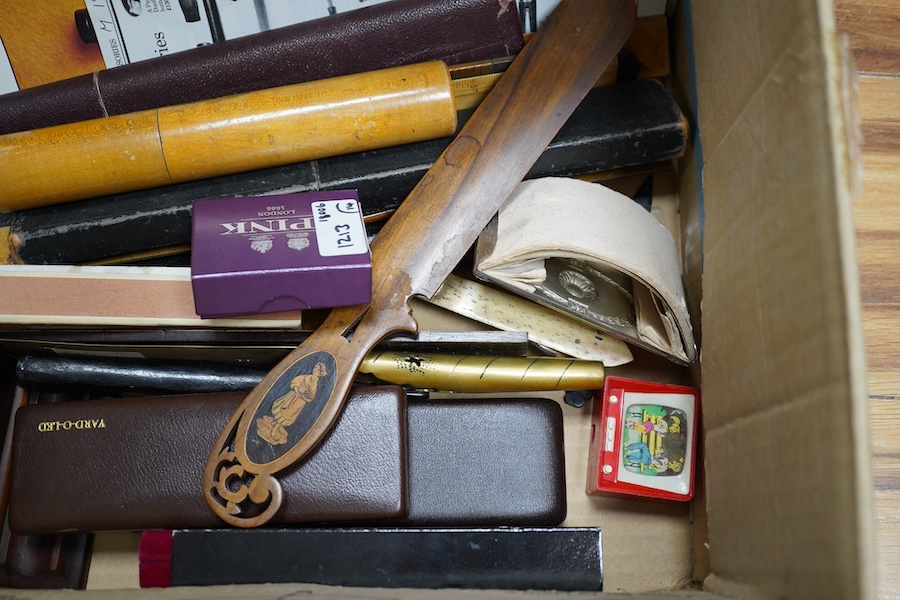 A collection of writing accessories including rulers, scientific rulers, paper knives, a Mauchline ware pencil case, pen nibs, etc. Condition - fair